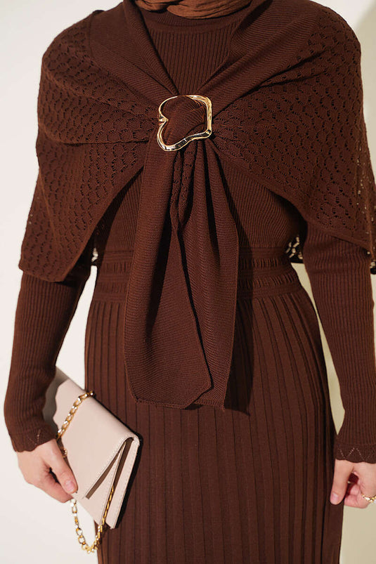 Brown Shoulder Shawl Detail Knit Dress