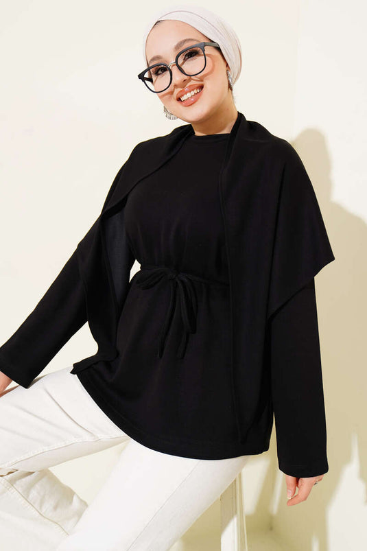 Tunique noire avec châle à épaulettes