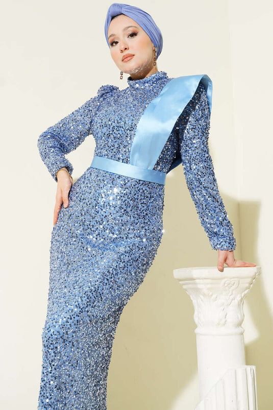 Off the Shoulder Satin Sequin Evening Dress Baby Blue