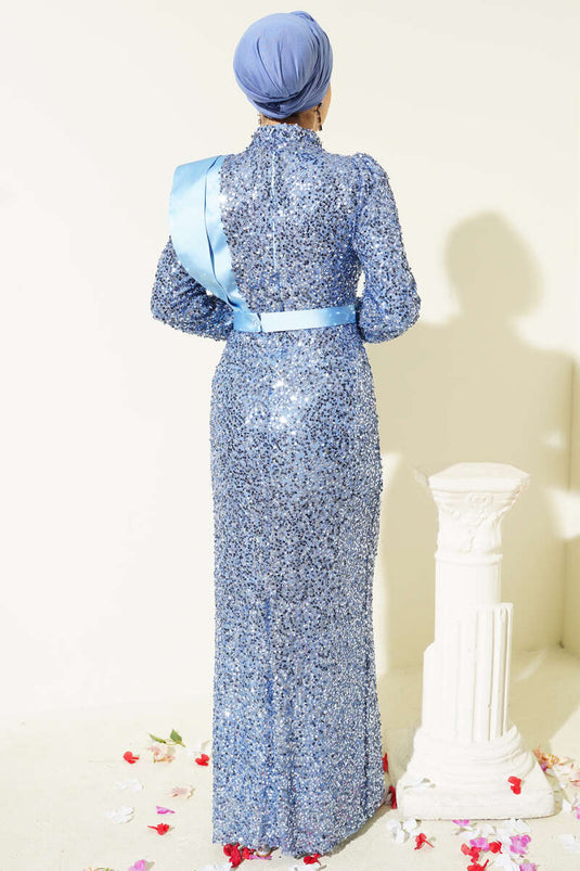 Off the Shoulder Satin Sequin Evening Dress Baby Blue