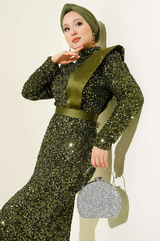Shoulder Satin Sequin Evening Dress Khaki