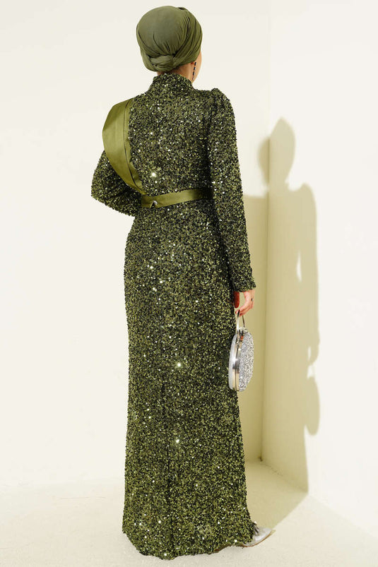 Shoulder Satin Sequin Evening Dress Khaki