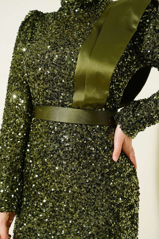 Shoulder Satin Sequin Evening Dress Khaki