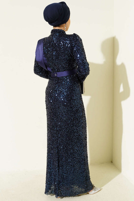 Off the Shoulder Satin Sequin Evening Dress Navy Blue