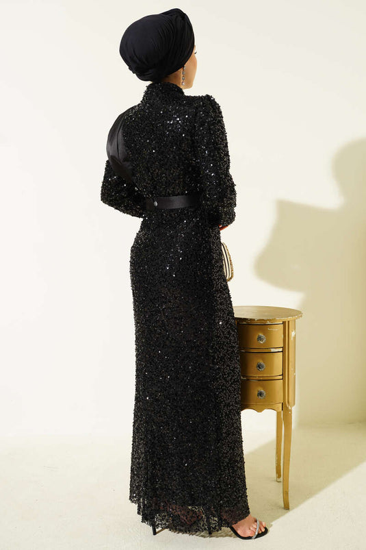 Off the Shoulder Satin Sequin Evening Dress Black