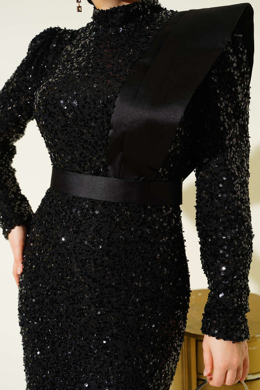 Off the Shoulder Satin Sequin Evening Dress Black