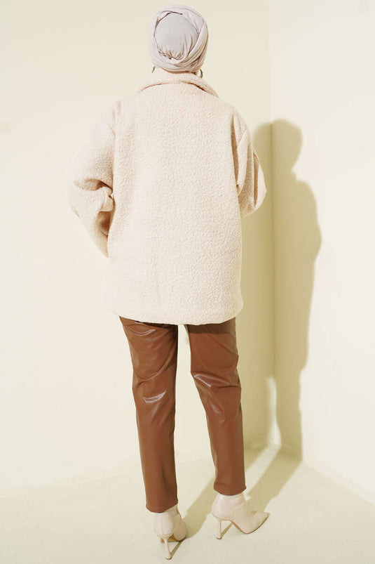 Shoulder Strap Trimmed Boucle Coat Beige