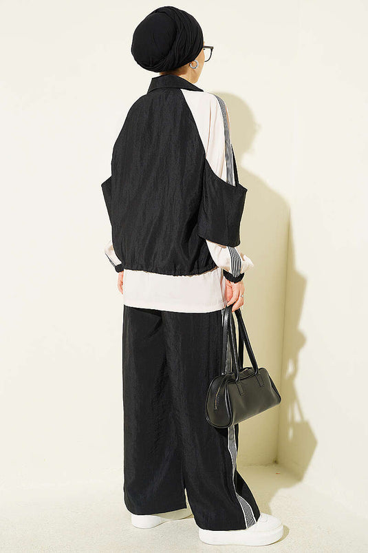 Conjunto De Dos Piezas Negro Con Detalle De Raya En El Hombro Y Tejido A Ganchillo