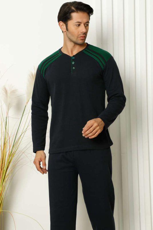 Ensemble pyjama homme à rayures sur les épaules et boutons, bleu marine et kaki