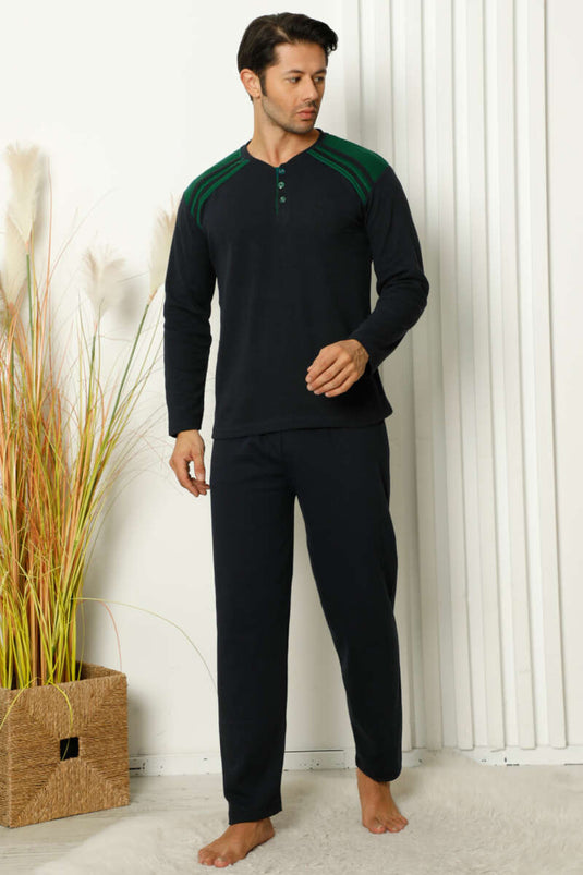 Ensemble pyjama homme à rayures sur les épaules et boutons, bleu marine et kaki