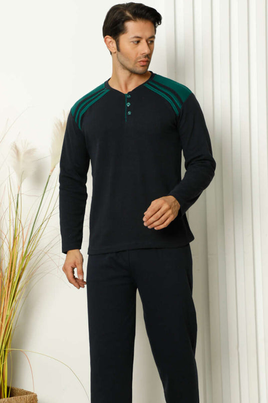 Ensemble pyjama homme à rayures et boutons sur les épaules, bleu marine et vert