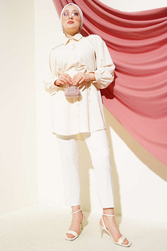 Shoulder Stone Detailed Rope Belted Shirt Beige