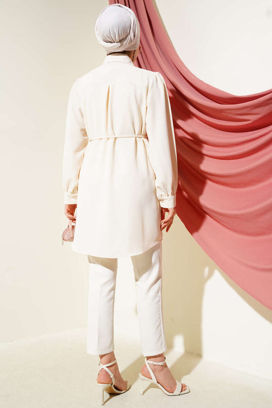 Shoulder Stone Detailed Rope Belted Shirt Beige