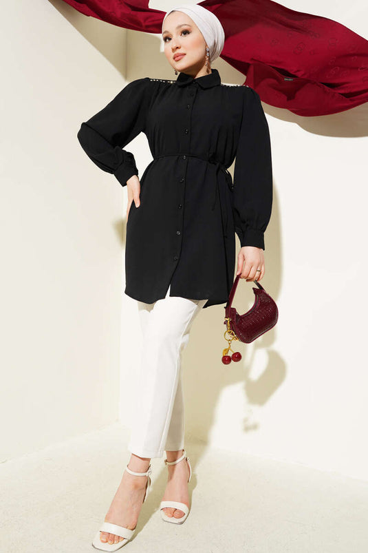 Omuz Taş Detaylı İp Kuşaklı Gömlek Siyah