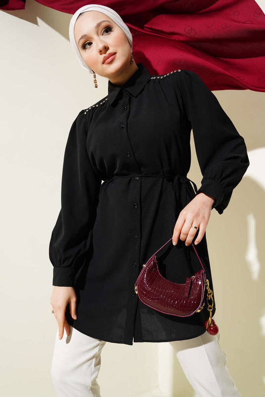 Omuz Taş Detaylı İp Kuşaklı Gömlek Siyah