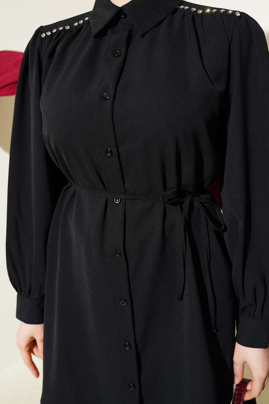 Omuz Taş Detaylı İp Kuşaklı Gömlek Siyah
