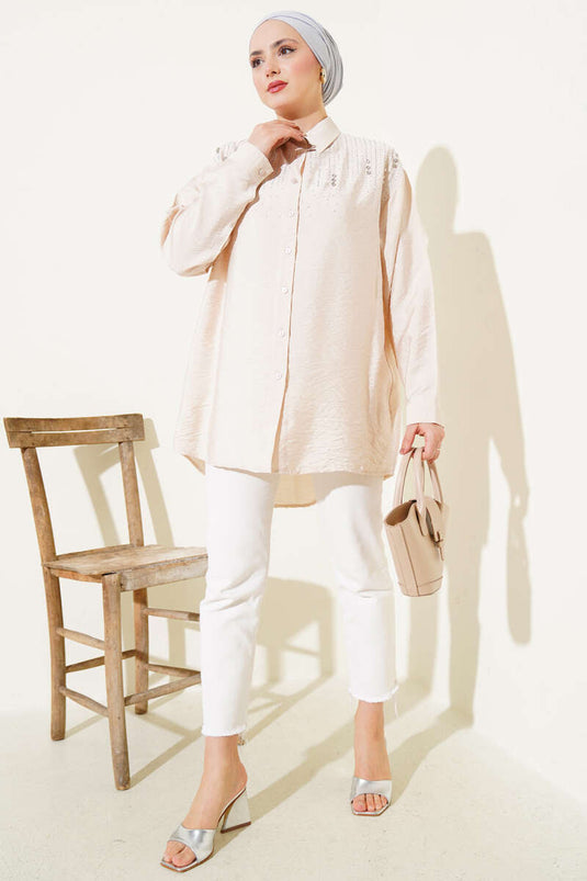 Shoulder Stone Striped Shirt Beige