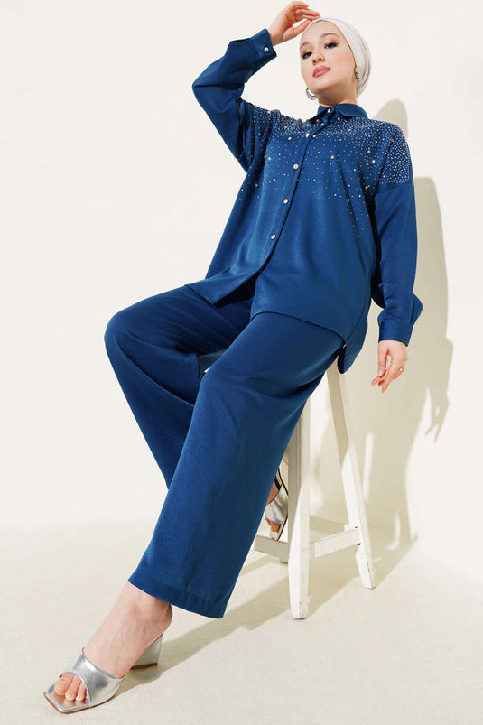 Shoulder Stone Embellished Tunic Two-Piece Set Indigo