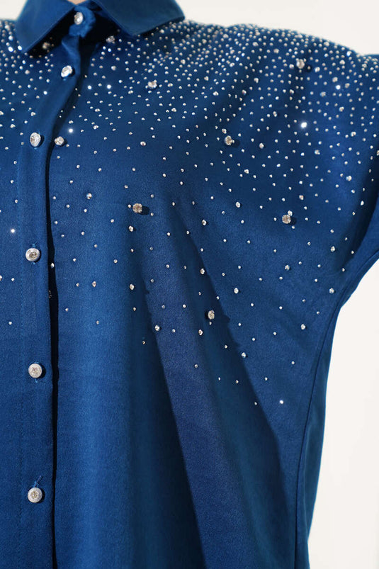 Shoulder Stone Embellished Tunic Two-Piece Set Indigo