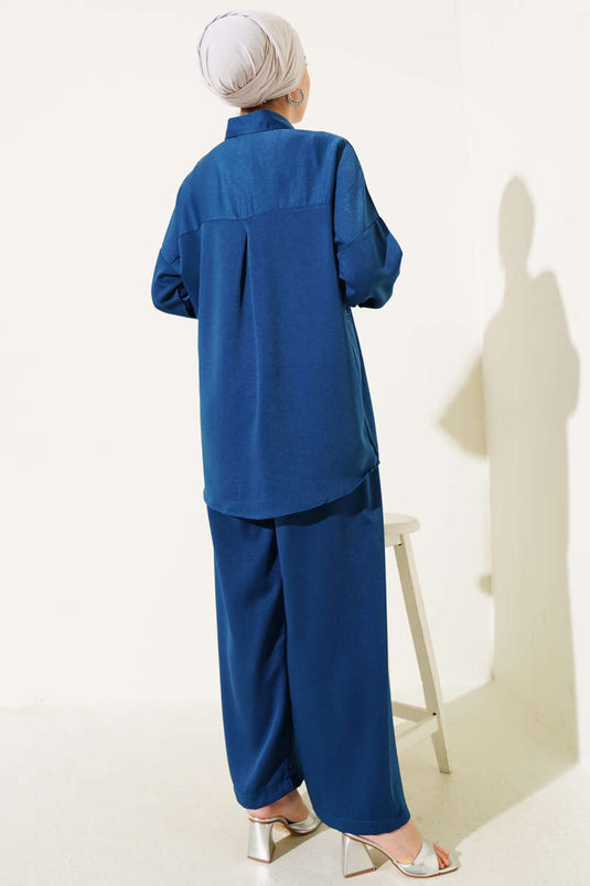 Shoulder Stone Embellished Tunic Two-Piece Set Indigo