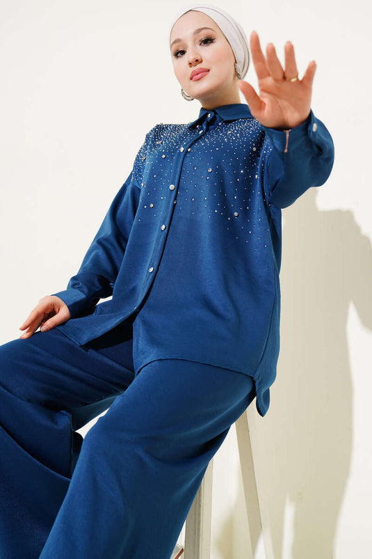 Shoulder Stone Embellished Tunic Two-Piece Set Indigo