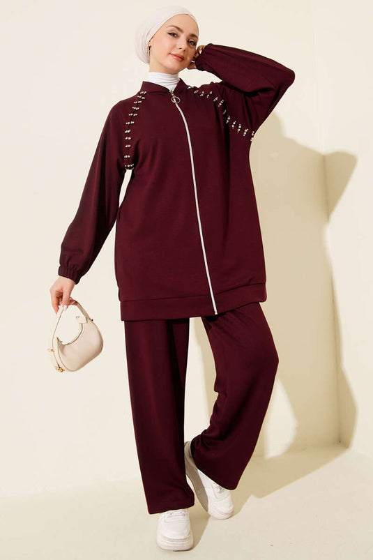 Set doppio con zip e pietre sulle spalle, colore bordeaux