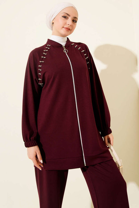 Set doppio con zip e pietre sulle spalle, colore bordeaux