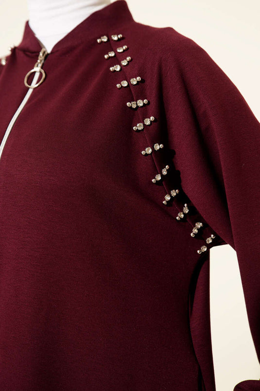 Set doppio con zip e pietre sulle spalle, colore bordeaux