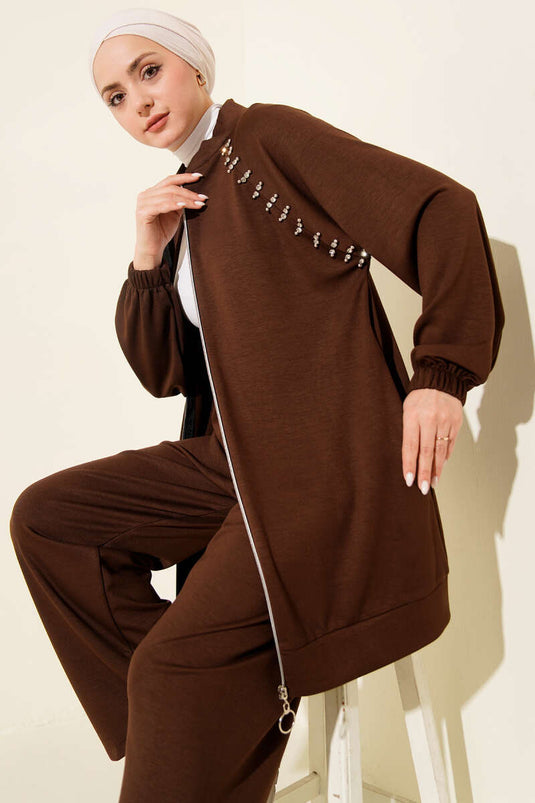 Ensemble double en velours avec pierres aux épaules et fermeture éclair, couleur marron