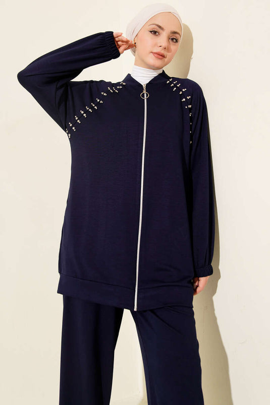 طقم لويسة مزدوج بسحاب وحجر على الكتف باللون الأزرق الداكن