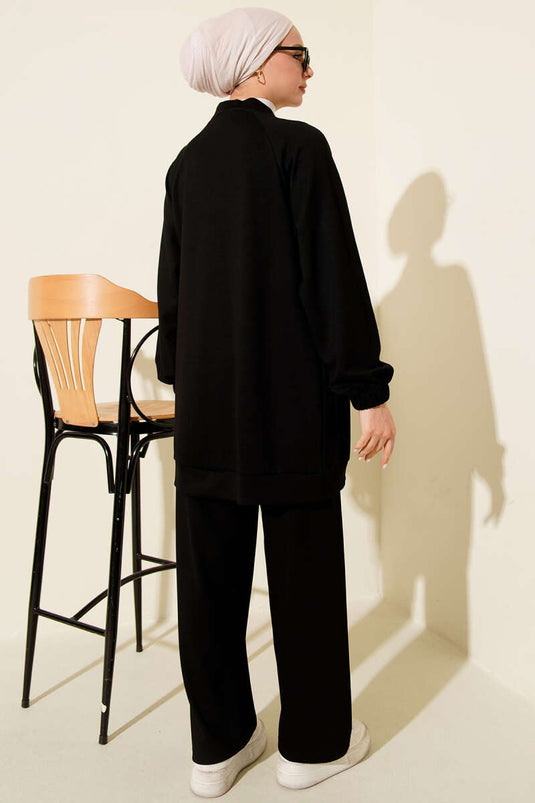 Shoulder Stone-Embellished Zippered Two-Piece Set Black