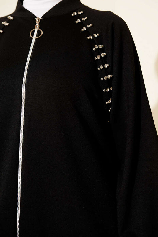 Shoulder Stone-Embellished Zippered Two-Piece Set Black