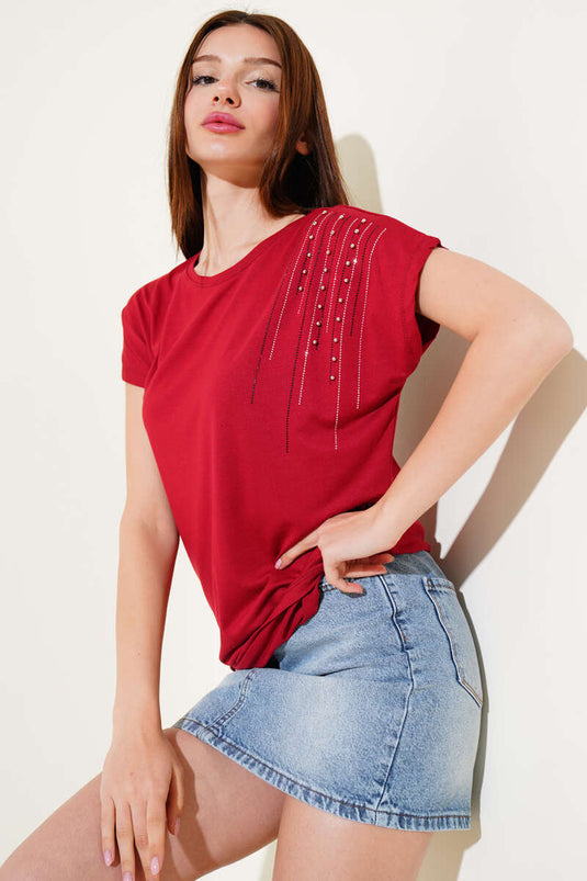 Omuz Taşlı İncili T-shirt Bordo