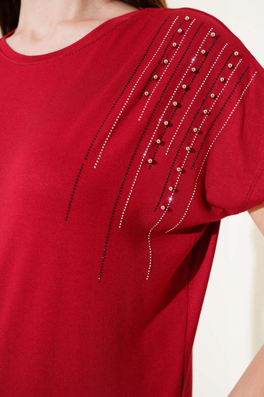 Omuz Taşlı İncili T-shirt Bordo