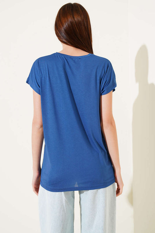 Omuz Taşlı İncili T-shirt İndigo