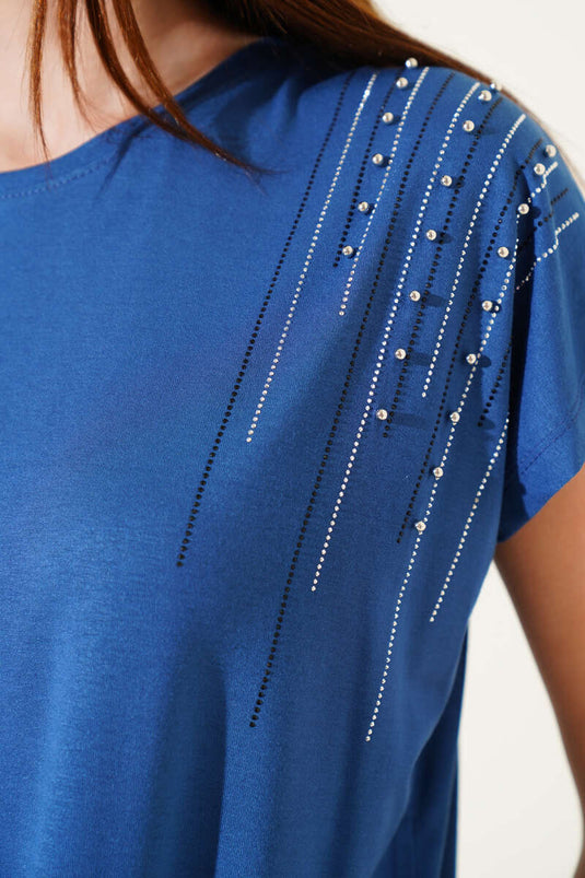 T-shirt indigo à perles et pierres d'épaule
