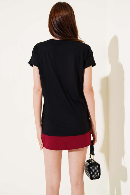 Omuz Taşlı İncili T-shirt Siyah