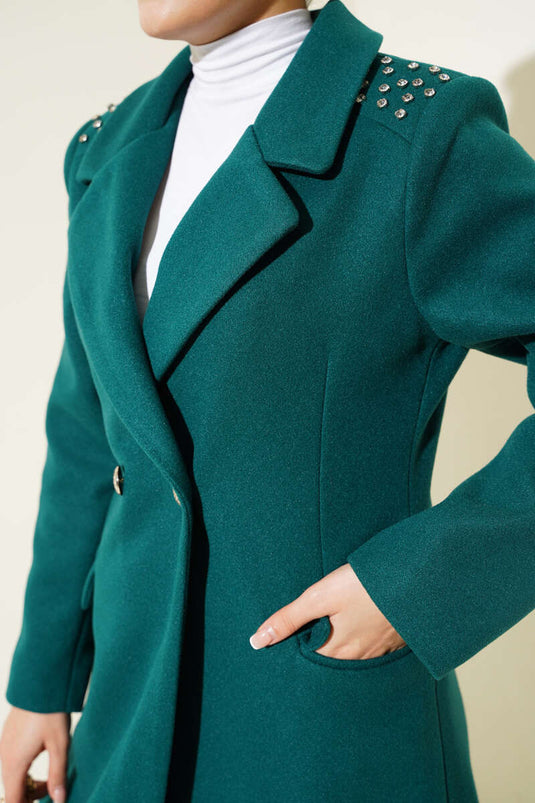 Shoulder Stone Stamp Coat Emerald