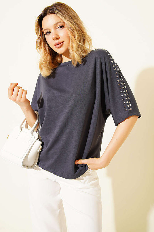 Omuz Taşlı Loyşa T-shirt Füme