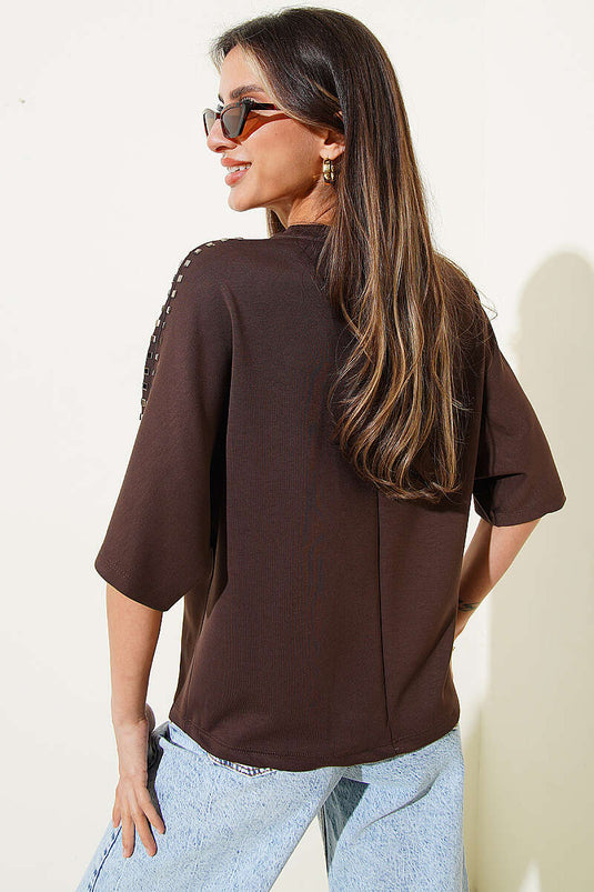 Shoulder-Stone Embellished Loyşa T-shirt Brown
