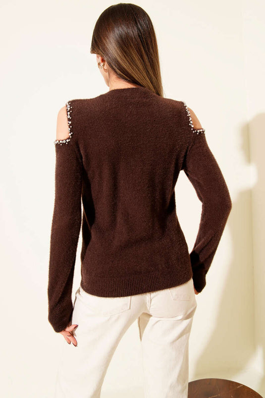 Shoulder Stone Embellished Bearded Sweater Coffee
