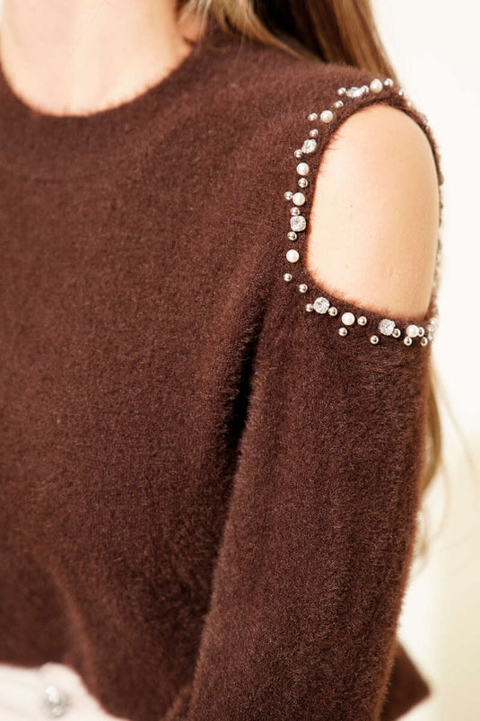 Shoulder Stone Embellished Bearded Sweater Coffee