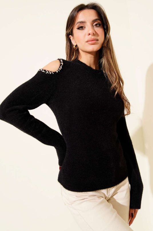 Pull À Épaules Ornées Et Perles En Noir