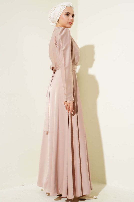 Satin Evening Dress with Shoulder Stones, Beige