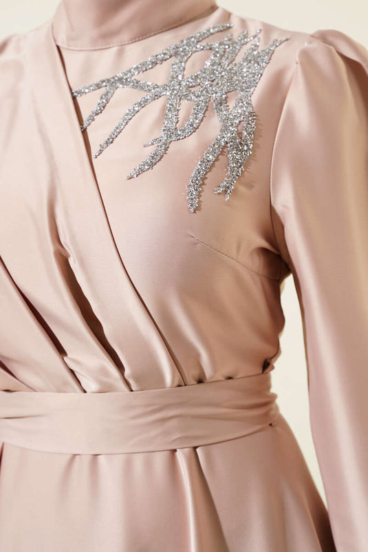 Satin Evening Dress with Shoulder Stones, Beige