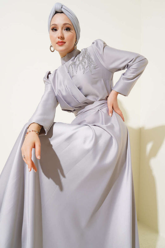 Satin Evening Dress with Shoulder Stones in Gray