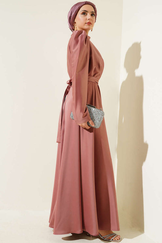 Satin Evening Dress with Shoulder Stones, Dusty Rose