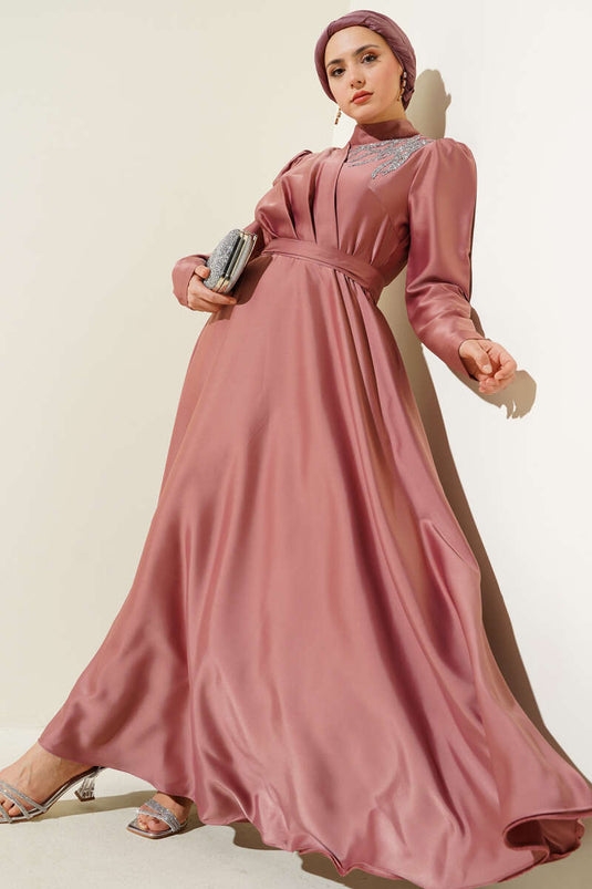 Satin Evening Dress with Shoulder Stones, Dusty Rose
