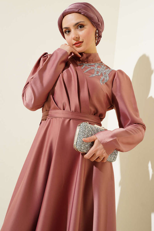 Satin Evening Dress with Shoulder Stones, Dusty Rose