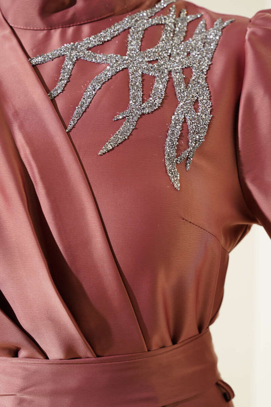 Satin Evening Dress with Shoulder Stones, Dusty Rose